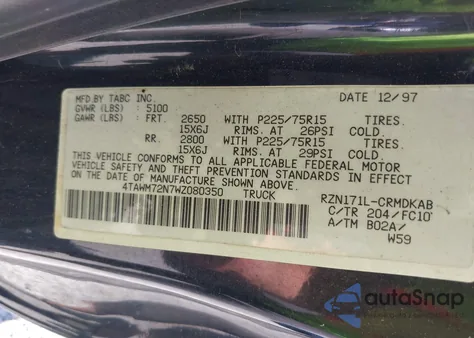 1998 Toyota Tacoma из США, поврежденный, VIN 4TAWM72N7WZ080350